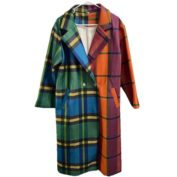 TAIAOJING Multicolor Plaid Double Breasted Oversized Long Dress Coat Sz.XL EUC - Picture 1 of 6